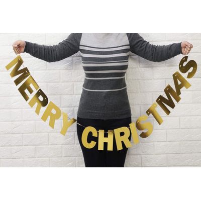 Varal de Bandeirolas Pré-Enfiado 'Feliz Natal' Pronto para Pendurar Dourado Metálico Decoração de Parede Rústica - Inkdotpot Dourado