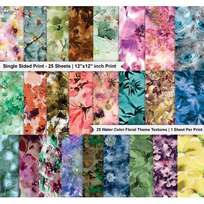 Bloco com 25 Folhas de Papel para Scrapbook Aquarela Floral Lado Único - Cardstock Colorido para DIY, Fundo, Cartões e Diário - Inkdotpot 30,48 Cm × 30,48 Cm / Multicolorido