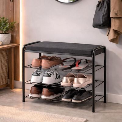 Banco Sapateira para Hall de Entrada Assento Estofado Preto 48cm 3 Andares 6 Pares de Calçados