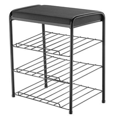 Banco Sapateira para Hall de Entrada Assento Estofado Preto 48cm 3 Andares 6 Pares de Calçados