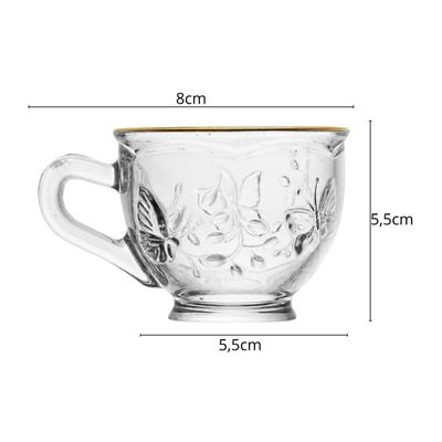 Jogo 72 Xícaras com Píres New Butterfly Fio Ouro 80ml Cristal Ecologico Chá