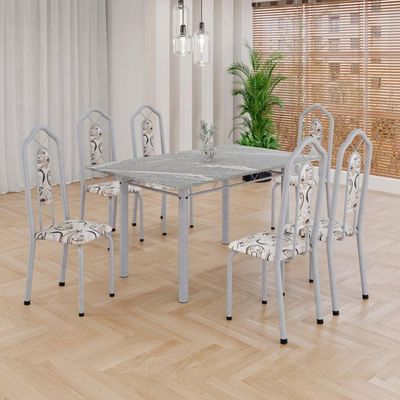 Conjunto De Mesa Tubular Com 6 Cad 140x75cm Tampo Em Granito Topázio Brenda 010 - Mart Pérola