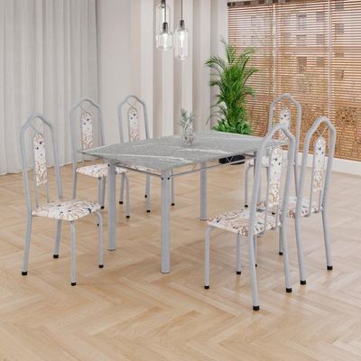 Conjunto De Mesa Tubular Com 6 Cad 140x75cm Tampo Em Granito Topázio Brenda 010 - Mart Pérola