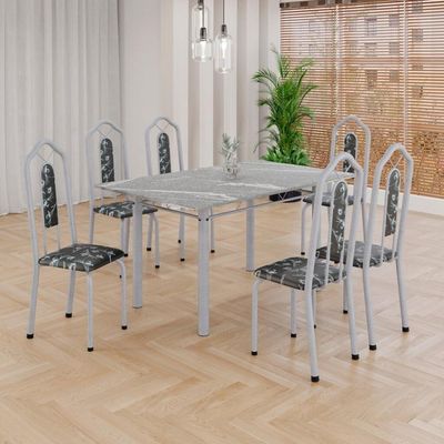 Conjunto De Mesa Tubular Com 6 Cad 140x75cm Tampo Em Granito Topázio Brenda 010 - Mart Pérola