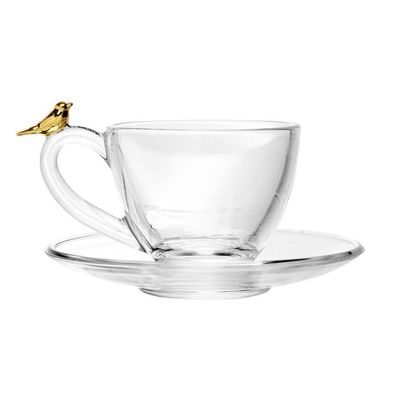 Jogo 2 Xícara De Chá Com Pires Golden Bird Pássaro 180ml Cristal Ecológico Wolff