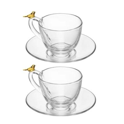 Jogo 2 Xícara De Chá Com Pires Golden Bird Pássaro 180ml Cristal Ecológico Wolff