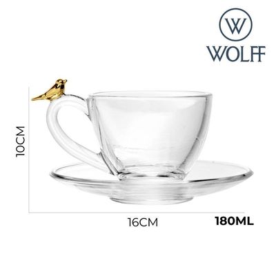 Jogo 2 Xícara De Chá Com Pires Golden Bird Pássaro 180ml Cristal Ecológico Wolff