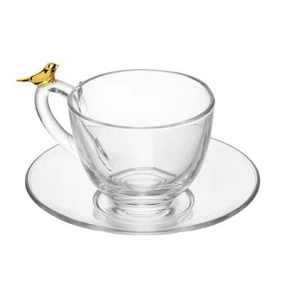 Jogo 2 Xícara De Chá Com Pires Golden Bird Pássaro 180ml Cristal Ecológico Wolff