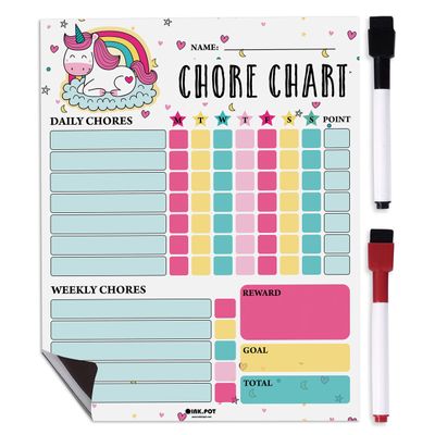 Quadro Magnético Apagável Semanal/Diário de Tarefas Infantis, Recompensas e Boa Conduta em Branco com 2 Marcadores (Unicórnio) - Inkdotpot 21,59 Cm × 27,94 Cm / Azul