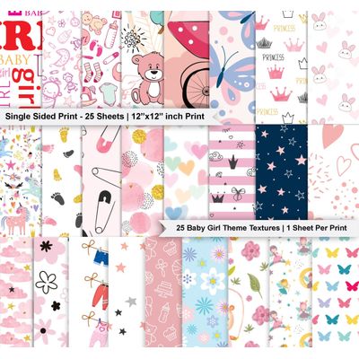 25 Folhas Bloco Papel Scrapbook Bebê Menina, Papel Cartão Colorido Lado Único para Scrapbooking, Fundo Decorativo e Artesanato - Inkdotpot 30,48 Cm × 30,48 Cm / Multicolorido