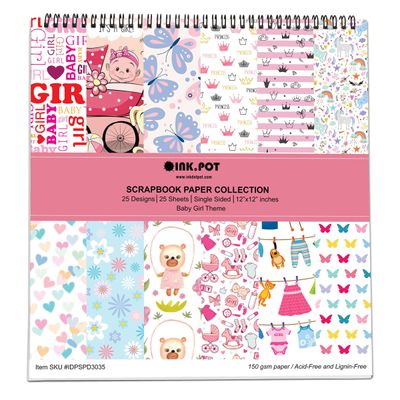 25 Folhas Bloco Papel Scrapbook Bebê Menina, Papel Cartão Colorido Lado Único para Scrapbooking, Fundo Decorativo e Artesanato - Inkdotpot 30,48 Cm × 30,48 Cm / Multicolorido