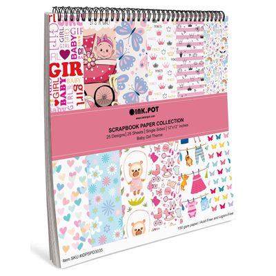 25 Folhas Bloco Papel Scrapbook Bebê Menina, Papel Cartão Colorido Lado Único para Scrapbooking, Fundo Decorativo e Artesanato - Inkdotpot 30,48 Cm × 30,48 Cm / Multicolorido