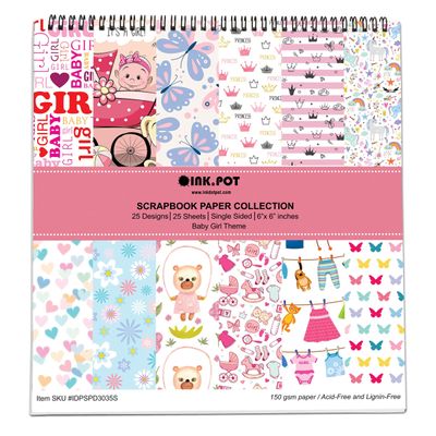 25 Folhas Bloco Papel Scrapbook Bebê Menina, Papel Cartão Colorido Lado Único para Scrapbooking, Fundo Decorativo e Artesanato - Inkdotpot 15,24 Cm × 15,24 Cm / Multicolorido