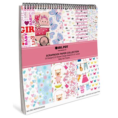 25 Folhas Bloco Papel Scrapbook Bebê Menina, Papel Cartão Colorido Lado Único para Scrapbooking, Fundo Decorativo e Artesanato - Inkdotpot 15,24 Cm × 15,24 Cm / Multicolorido