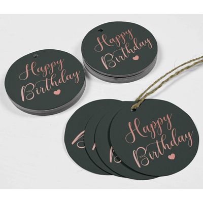 Etiquetas de Papel Metalizado 'Feliz Aniversário' para Pendurar em Lembrancinhas - Inkdotpot 100 Etiquetas Metalizadas / Cinza - Ouro Rosé