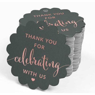 Etiquetas de Papel Foil "Obrigado por Celebrar Conosco" para Festas e Eventos - Inkdotpot 100 Etiquetas Metalizadas / Cinza - Ouro Rosé