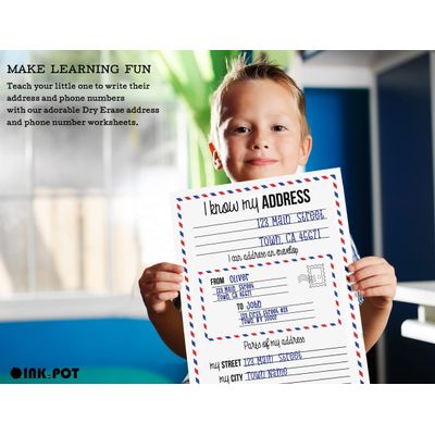Folha Laminada Apagável: Eu Sei Meu Endereço, Meu Telefone - Educação Infantil, Atividades Infantis com 2 Marcadores Apagáveis - Inkdotpot 21,59 Cm × 27,94 Cm / Branco
