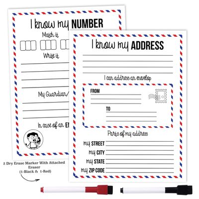 Folha Laminada Apagável: Eu Sei Meu Endereço, Meu Telefone - Educação Infantil, Atividades Infantis com 2 Marcadores Apagáveis - Inkdotpot 21,59 Cm × 27,94 Cm / Branco