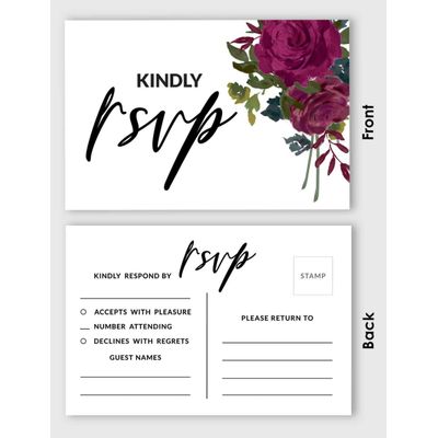 Cartões RSVP (Conjunto de 50) 10 x 15 cm em Branco com Espaço para Envio, Resposta para Casamento, Estampa Floral Bordô - Inkdotpot 10,16 Cm × 15,24 Cm / Branco