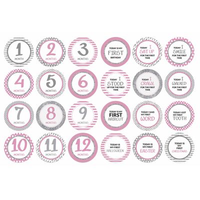 Adesivos Redondos de Marcos 12 Meses para Bebê Menino/Menina, Fotos do Primeiro Ano (Listras Rosa & Chevron), 24 Unid, 10 cm - Inkdotpot 10,16 Cm / Rosa
