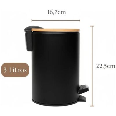 Lixeira Redonda Em Metal Com Pedal E Tampa Bambu Preta 3l Banheiro Pequena