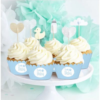 Forros de Cupcake Sem Fundo Ajustáveis com Elefantinho para Chá de Bebê Menino e Menina, Pacote com 30 - Inkdotpot 20,32 Cm × 3,81 Cm / Branco