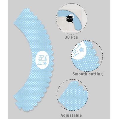 Forros de Cupcake Sem Fundo Ajustáveis com Elefantinho para Chá de Bebê Menino e Menina, Pacote com 30 - Inkdotpot 20,32 Cm × 3,81 Cm / Branco