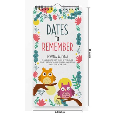 Calendário Perpétuo Estampa de Coruja e Folhas para Parede Lembrete de Aniversário e Evento Livro/Cartão/Planejador/Organizador - Inkdotpot 27,94 Cm × 13,72 Cm / Multicolorido