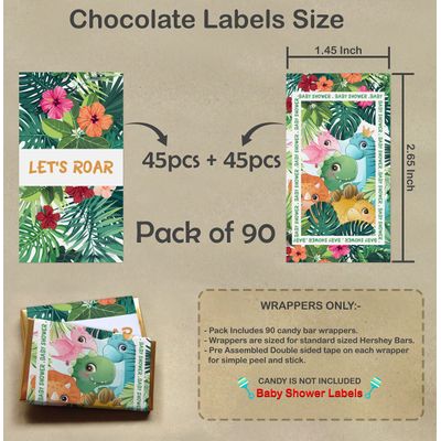 Pacote com 90 Envoltórios/Adesivos para Mini Barras de Chocolate para Chá de Bebê, Menino/Menina (Sem Doces) (Dinossauro) - Inkdotpot 3,68 Cm × 6,73 Cm / Branco