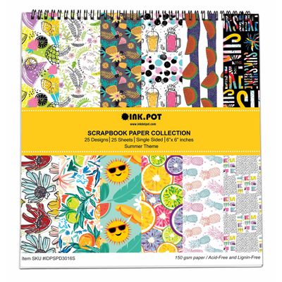 Bloco de 25 Folhas de Papel Scrapbook Textura Verão, Lado Único, Cartão Colorido para Scrapbooking, Fundo Decorativo e Cartões - Inkdotpot 15,24 Cm × 15,24 Cm / Multicolorido