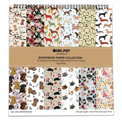 Bloco de Papel para Scrapbook 25 Folhas Estampa de Cães Lado Único Papel Cartão Colorido - Inkdotpot 30,48 Cm × 30,48 Cm / Multicolorido
