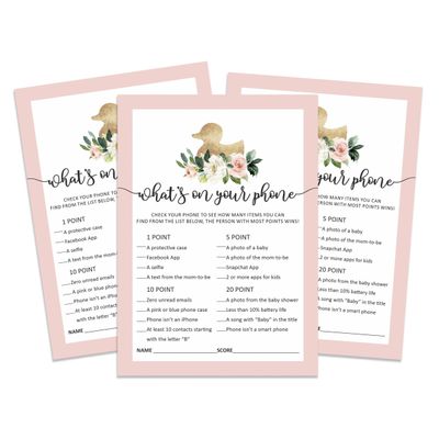 Jogo de Chá de Bebê Tema Unicórnio "O Que Tem no Seu Celular", 50 Unidades - Inkdotpot 12,7 Cm × 17,78 Cm / Branco
