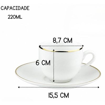Jogo 6 Xícaras de Chá com Pires Legacy Gold Porcelana 220ml LHermitage Branco Fio de Ouro