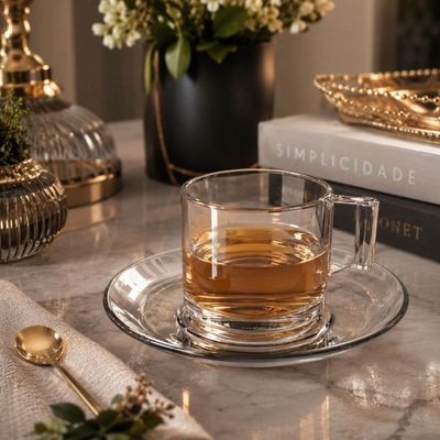 Jogo 6 Xícaras com Pires para Chá Café 185ml Vidro Transparente Dia Dia L Hermitage