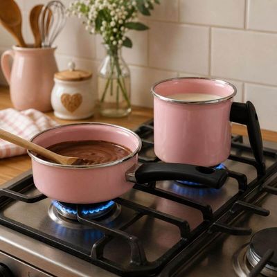 Conjunto Ágata Leiteira 1L e Panelinha 800ml Rosa Bebê Cabo Nylon Metallouça Esmaltados