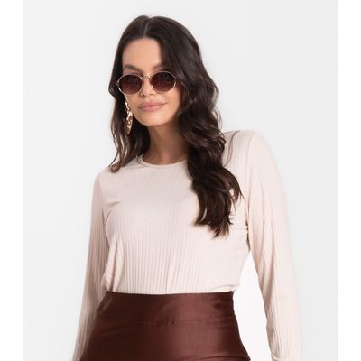 Blusa Feminina Canelada Com Manga Longa Rovitex Bege M / Bege