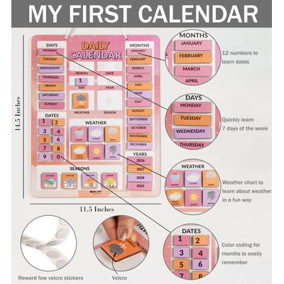 Meu Primeiro Calendário de Parede para Crianças Pré-Escolares, Mês/Data/Dia/Clima/Estações, 42 Peças, 37x29 cm (Rosa e Lavanda) - Inkdotpot 36,83 Cm × 29,21 Cm / Rosa
