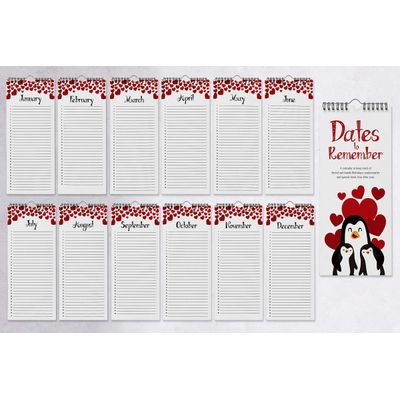 Calendário Perpétuo Pinguim e Coração, Lembrete de Aniversário/Evento, Para Parede, Diário, Cartão Presente, Organizador - Inkdotpot 27,94 Cm × 13,72 Cm / Vermelho