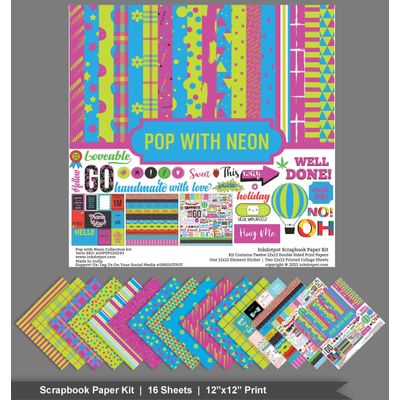Kit de Papéis Cartão Dupla Face para Scrapbook 30,5 x 30,5 cm Pacote com Folha de Adesivos - 16 Páginas - Rosa, Azul e Verde - Inkdotpot 30,48 Cm × 30,48 Cm / Rosa