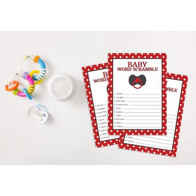 Kit 50 Cartões para Jogo de Embaralhar Palavras - Coleção para Chá de Bebê Feminino, Jogos e Decorações Tema Joaninha - Inkdotpot 12,7 Cm × 17,78 Cm / Branco