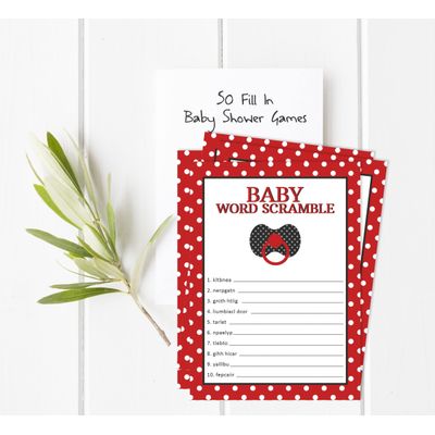 Kit 50 Cartões para Jogo de Embaralhar Palavras - Coleção para Chá de Bebê Feminino, Jogos e Decorações Tema Joaninha - Inkdotpot 12,7 Cm × 17,78 Cm / Branco