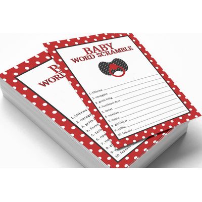 Kit 50 Cartões para Jogo de Embaralhar Palavras - Coleção para Chá de Bebê Feminino, Jogos e Decorações Tema Joaninha - Inkdotpot 12,7 Cm × 17,78 Cm / Branco