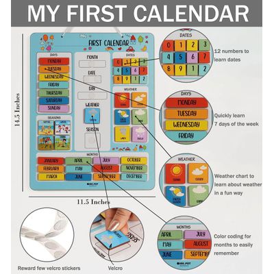 Meu Primeiro Quadro de Calendário Pré-Escolar para Parede — Mês/Data/Dia/Clima/Estação (42 Peças), 37 x 29 cm (Azul Turquesa) - Inkdotpot 36,83 Cm × 29,21 Cm / Azul