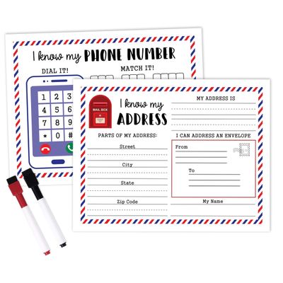 Ficha Laminada Apagável: Eu Sei Meu Endereço e Telefone, Pré-Escola/Jardim de Infância, Atividades Domiciliares com 2 Marcadores - Inkdotpot 21,59 Cm × 27,94 Cm / Branco