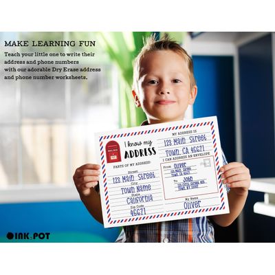 Ficha Laminada Apagável: Eu Sei Meu Endereço e Telefone, Pré-Escola/Jardim de Infância, Atividades Domiciliares com 2 Marcadores - Inkdotpot 21,59 Cm × 27,94 Cm / Branco