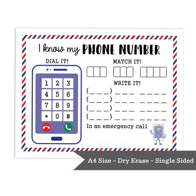 Ficha Laminada Apagável: Eu Sei Meu Endereço e Telefone, Pré-Escola/Jardim de Infância, Atividades Domiciliares com 2 Marcadores - Inkdotpot 21,59 Cm × 27,94 Cm / Branco