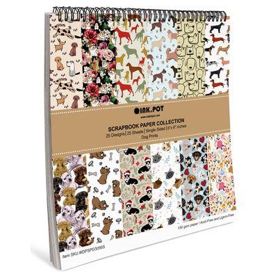 Bloco de Papel para Scrapbook 25 Folhas Estampa de Cães Lado Único Papel Cartão Colorido - Inkdotpot 15,24 Cm × 15,24 Cm / Multicolorido