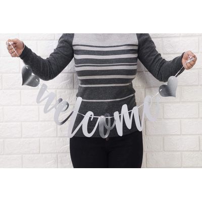 Banner de Boas-Vindas com Bandeirinhas Cursivas Metálicas Prateadas para Festa - Inkdotpot Prata