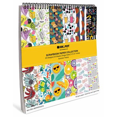 Bloco de 25 Folhas de Papel Scrapbook Textura Verão, Lado Único, Cartão Colorido para Scrapbooking, Fundo Decorativo e Cartões - Inkdotpot 30,48 Cm × 30,48 Cm / Multicolorido
