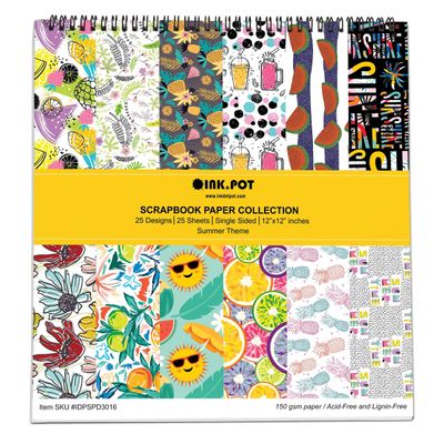 Bloco de 25 Folhas de Papel Scrapbook Textura Verão, Lado Único, Cartão Colorido para Scrapbooking, Fundo Decorativo e Cartões - Inkdotpot 30,48 Cm × 30,48 Cm / Multicolorido